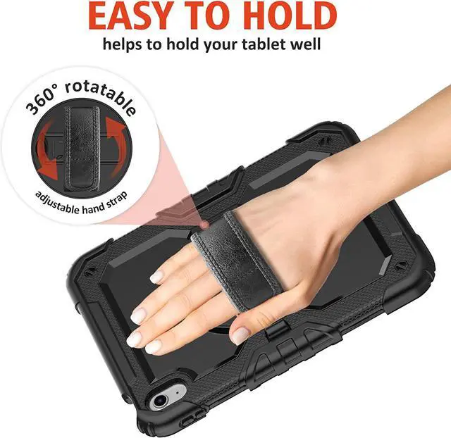 Alt view image 5 of 6 - iPad 10th Generation Case, iPad 10 Case 10.9'' 2022, [Kid Proof] Full Body Protective Case with 9H Tempered Glass Screen Protector, 360° Rotatable Kickstand & Hand Strap (Black)