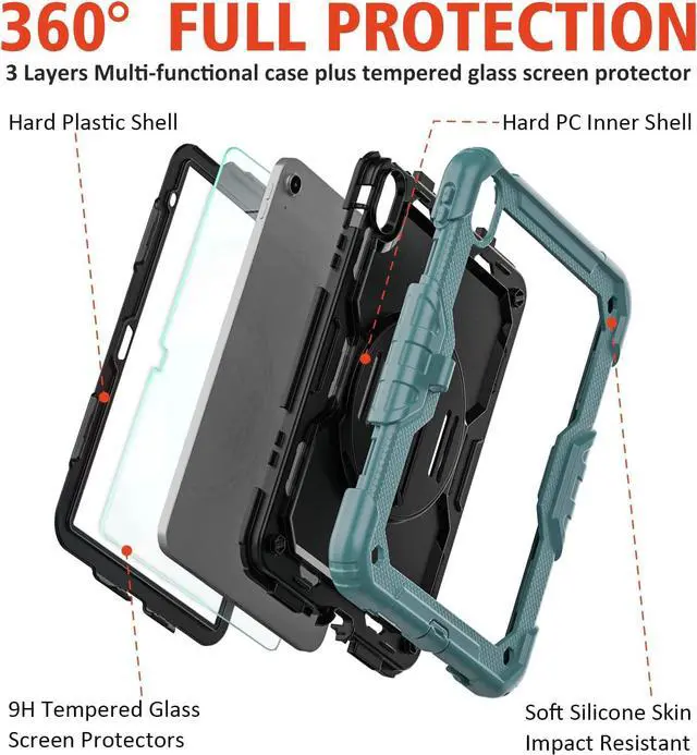 Alt view image 5 of 7 - Case for iPad A16 11th/10th Generation 11/10.9 2025/2022 Heavy Duty Shockproof Case with Tempered Glass Screen Protector 360° Rotating Handle Strap&Stand Shoulder Strap-Teal