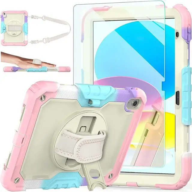 Main image of iPad 10th Generation Case, iPad 10 Case 10.9 inch 2022, [Kid Proof] Full Body Protective Case with 9H Tempered Glass Screen Protector, 360° Rotatable Kickstand & Hand Strap (Light Pink)