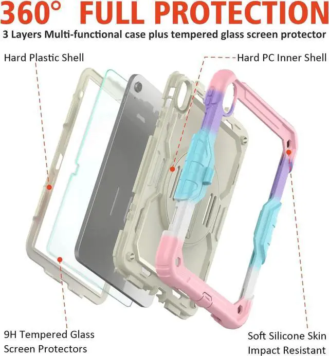 Alt view image 6 of 6 - iPad 10th Generation Case, iPad 10 Case 10.9 inch 2022, [Kid Proof] Full Body Protective Case with 9H Tempered Glass Screen Protector, 360° Rotatable Kickstand & Hand Strap (Light Pink)