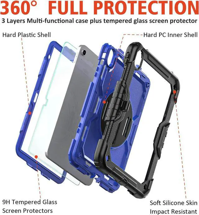 Alt view image 6 of 6 - iPad 10th Generation Case, iPad 10 Case 10.9'' 2022, [Kid Proof] Full Body Protective Case with 9H Tempered Glass Screen Protector, 360° Rotatable Kickstand & Hand Strap (Blue)