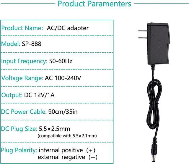 Alt view image 3 of 7 - 12V 1A Power Adapter AC 100-240V to DC 12V 1000mA Power Supply Adapter 12V 12W Adapter DC Connector Jack 5.5mmx2.1mm for LED Strip Lights, Audio/Video