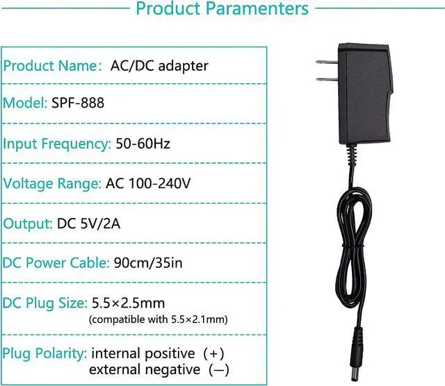 Alt view image 3 of 7 - 5V 2A AC DC Adapter with 5.5 x 2.5mm Charger US Plug 5V 2A Power Adapter 5V 2A 1A Switching Power Adapter 5V 2000ma Switching Power Supply Charger DC Connector Jack 5.5mmx2.1mm