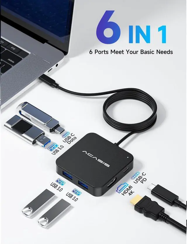 Alt view image 2 of 7 - USB C Hub Long Cable 4FT, USB C to HDMI Multiport Adapter, 4K HDMI, 100 W Power Delivery, 3 USB A 3.0 Port, 1 USB C Hub 3.0, USB C Dongle for MacBook Pro/Air, Laptop and USB C Devices