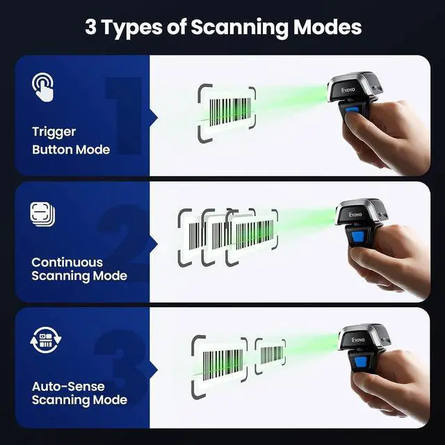 Alt view image 4 of 7 - Eyoyo 3-in-1 Bluetooth QR Ring Barcode Scanner, Mini Wearable Finger 1D 2D QR Code Scanner, Left&Right-Handed Use, Support Screen Scanning, Wireless Inventory Reader Compatible for iPad iPhone Android