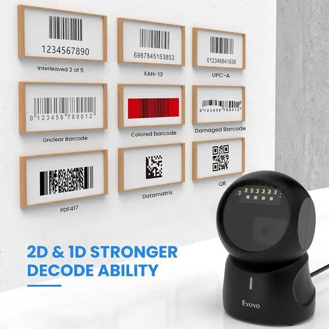 Alt view image 4 of 7 - Eyoyo Barcode Scanner, QR 2D Hands-Free Omnidirectional Automatic Sensing Scanning USB Desktop Barcode Scanner, Wired Bar Code Reader Screen Scanning for POS PC Supermarket Library Retail Bookstore