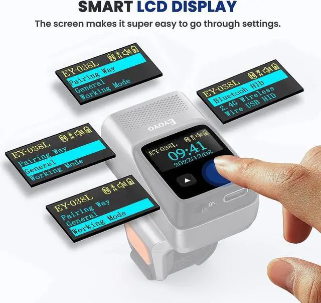Alt view image 2 of 7 - Eyoyo Wearable Bluetooth Ring Barcode Scanner with Display, Mini Wireless Finger Bar Code Scanner Reader Inventory Compatible with iPad iPhone Android, Left&Right-Handed Use, Fast&Accurate Scanning