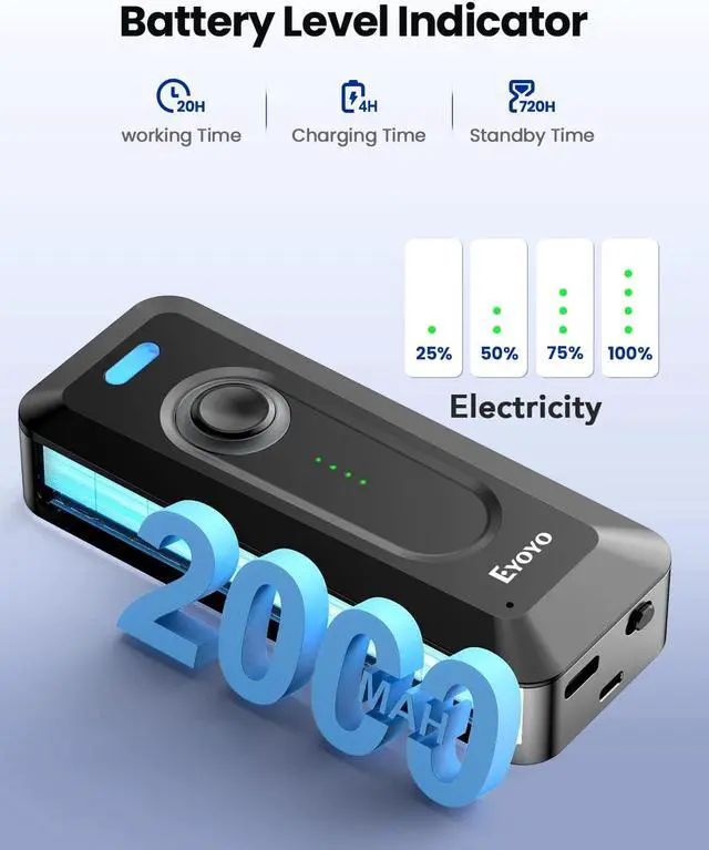 Alt view image 3 of 7 - Eyoyo 2D Bluetooth Barcode Scanner Wireless with Clip, 2000mAh Battery with Level Indicator, Portable Mini QR Bar Code Reader for Library Book Inventory Compatible with iPhone, iPad, Android Phone
