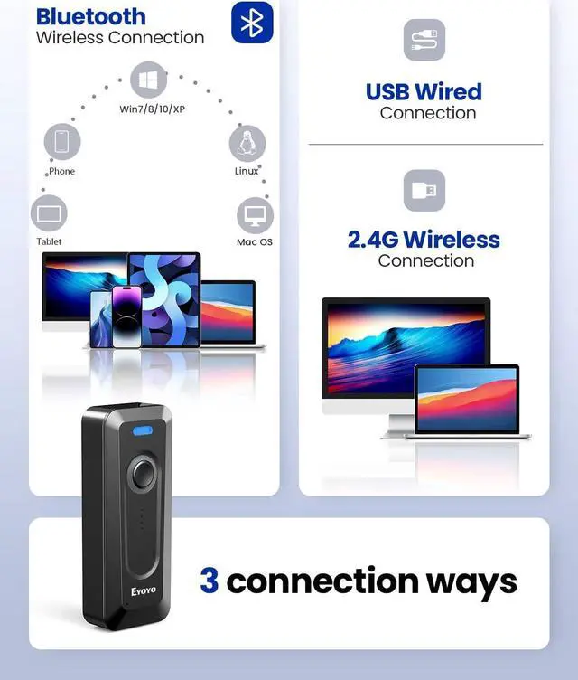 Alt view image 5 of 7 - Eyoyo 2D Bluetooth Barcode Scanner Wireless with Clip, 2000mAh Battery with Level Indicator, Portable Mini QR Bar Code Reader for Library Book Inventory Compatible with iPhone, iPad, Android Phone