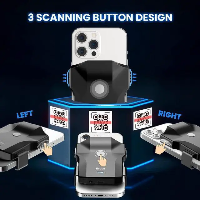 Alt view image 3 of 7 - Eyoyo Bluetooth QR Code Scanner, 2D Wireless Back Clip Phone UPC USB Barcode Scanner Reader with Battery Level Indicator Compatible with 4.7"-7.2" Android Phone, iPhone for Book Library Inventory