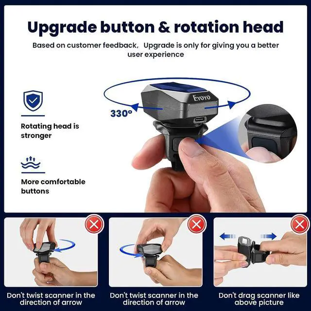 Alt view image 7 of 7 - Eyoyo 2D QR Ring Barcode Scanner, Wearable Finger 3-in-1 USB Wired & 2.4G Wireless & Bluetooth Scanner, Left & Right Hand Wearable, Image 1D Warehouse Inventory Bar Code Reader for Android, iOS iPhone
