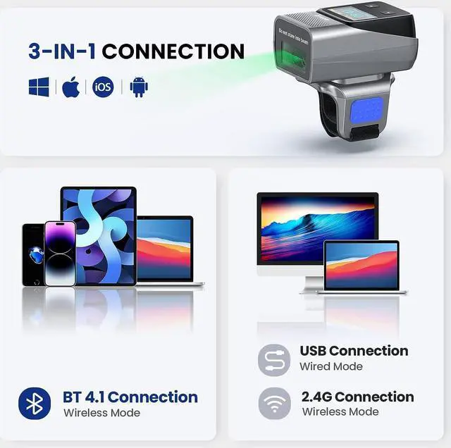Alt view image 5 of 7 - Eyoyo Wearable Ring Barcode Scanner with Display, Mini 2D QR Bluetooth Wireless Finger Bar Code Scanner Reader Inventory Compatible with iPad iPhone Android, Support Scanning Printed&Mobile Barcodes