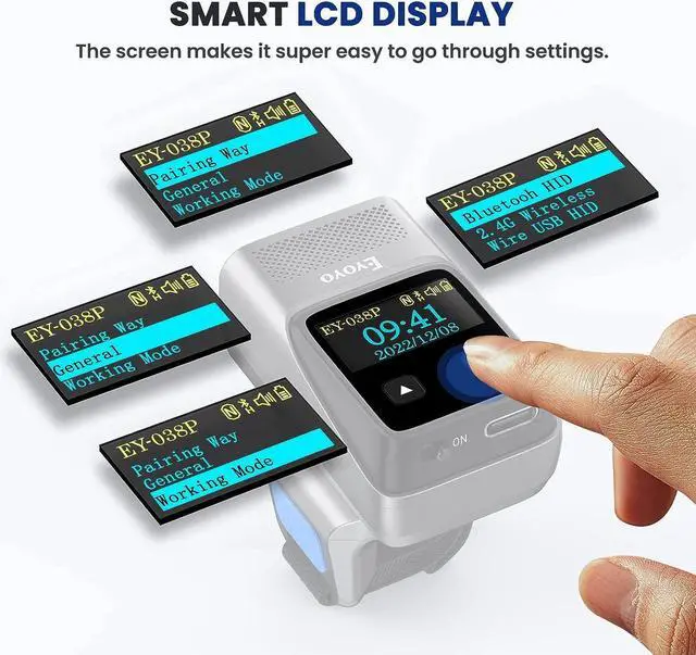 Alt view image 2 of 7 - Eyoyo Wearable Ring Barcode Scanner with Display, Mini 2D QR Bluetooth Wireless Finger Bar Code Scanner Reader Inventory Compatible with iPad iPhone Android, Support Scanning Printed&Mobile Barcodes