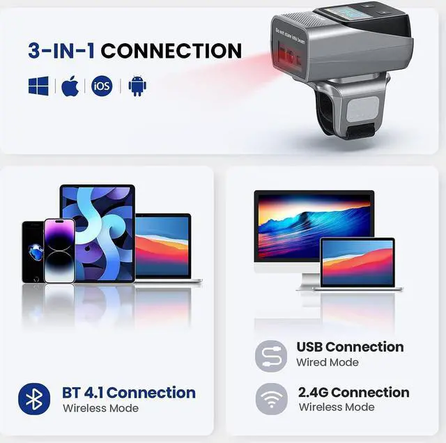 Alt view image 6 of 7 - Eyoyo 2D Bluetooth Ring Barcode Scanner with Screen, Mini Wearable Wireless Finger QR Bar Code Scanner Reader Inventory Compatible with iPad iPhone Android, Support Screen Scan, Left&Right-Handed Use