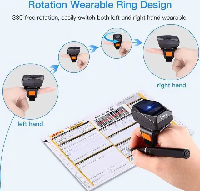 Alt view image 4 of 7 - Eyoyo 1D Bluetooth Wearable Ring Barcode Scanner, Portable Mini Finger Bar Code Reader with 2.4GHz Wireless & USB Wired Connection for iPhone iPad Android iOS, for Book, Warehouse Inventory, Express