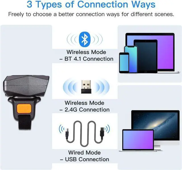 Alt view image 6 of 7 - Eyoyo 1D Bluetooth Wearable Ring Barcode Scanner, Portable Mini Finger Bar Code Reader with 2.4GHz Wireless & USB Wired Connection for iPhone iPad Android iOS, for Book, Warehouse Inventory, Express