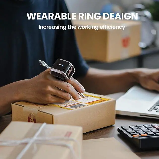 Alt view image 2 of 7 - Eyoyo 2D Bluetooth Ring Barcode Scanner, Mini Wireless Wearable Finger 1D UPC QR Code Scanner with Battery Level Indicator, Handsfree Library Inventory Reader Compatible with iPad iPhone Android Phone