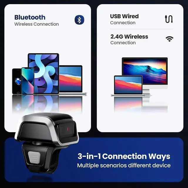 Alt view image 7 of 7 - Eyoyo 2D Bluetooth Ring Barcode Scanner, Mini Wireless Wearable Finger 1D UPC QR Code Scanner with Battery Level Indicator, Handsfree Library Inventory Reader Compatible with iPad iPhone Android Phone