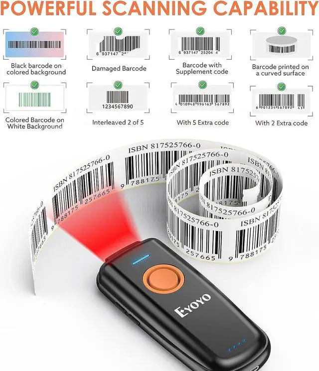 Alt view image 5 of 7 - Eyoyo 1D Linear Wireless Barcode Scanner Bluetooth,Fast&Accurate Scanning,Volume Adjust Button,Battery Level Indicator,Mini Portable Pocket Inventory Bar Codes Reader for Computer, Android, iOS Phones