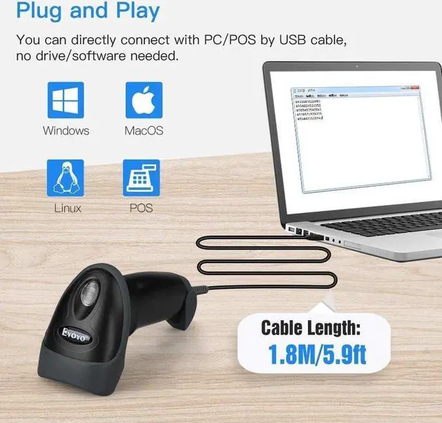 Alt view image 2 of 7 - Eyoyo QR Handheld USB Barcode Scanner, Wired Automatic 1D 2D Code Scanner PDF417 Data Matrix Bar Code Reader with Long USB Cable for Mobile Payment, Convenience Store, Supermarket, Warehouse