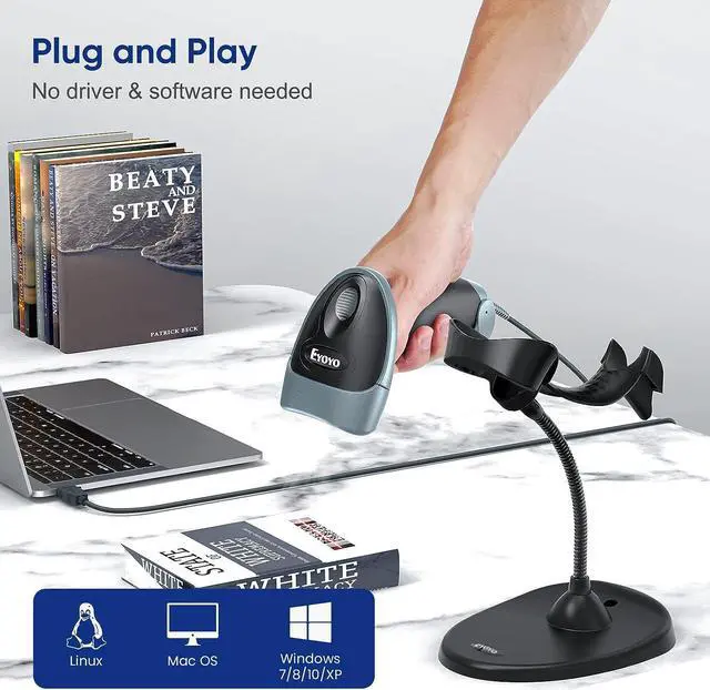 Alt view image 2 of 7 - Eyoyo Handheld 2D Barcode Scanner with Gooseneck Stand, Automatic USB Wired QR Code Scanner Bar Code Reader Support Screen Scanning for PC POS System Library Store Supermarket Check-Out, Inventory