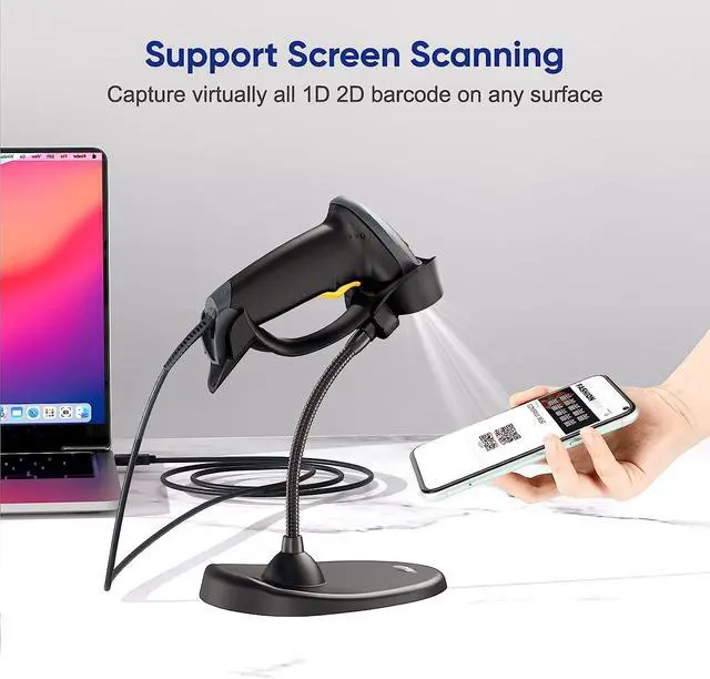 Alt view image 5 of 7 - Eyoyo Handheld 2D Barcode Scanner with Gooseneck Stand, Automatic USB Wired QR Code Scanner Bar Code Reader Support Screen Scanning for PC POS System Library Store Supermarket Check-Out, Inventory