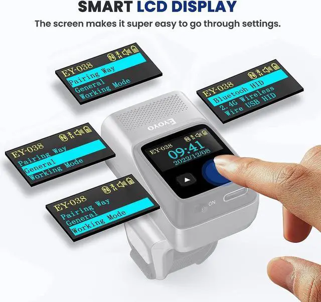 Alt view image 2 of 7 - Eyoyo 2D Bluetooth Ring Barcode Scanner with Screen, Mini Wearable Wireless Finger QR Bar Code Scanner Reader Inventory Compatible with iPad iPhone Android, Support Screen Scan, Left&Right-Handed Use