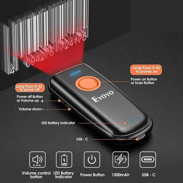 Alt view image 2 of 7 - Eyoyo 1D Linear Wireless Barcode Scanner Bluetooth,Fast&Accurate Scanning,Volume Adjust Button,Battery Level Indicator,Mini Portable Pocket Inventory Bar Codes Reader for Computer, Android, iOS Phones