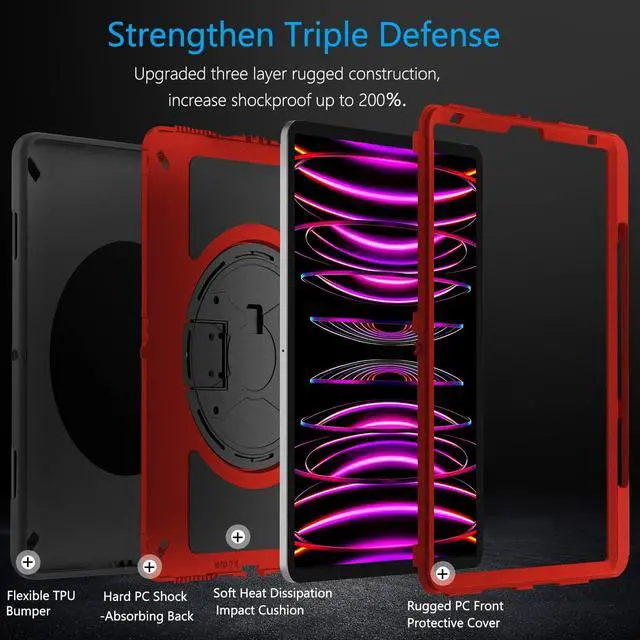 Alt view image 3 of 6 - Military Grade Heavy Duty Shockproof Case for iPad Pro 12.9 Inch 6th/5th/4th Generation with Pencil Holder, Rotating Stand, and Hand Strap - Red