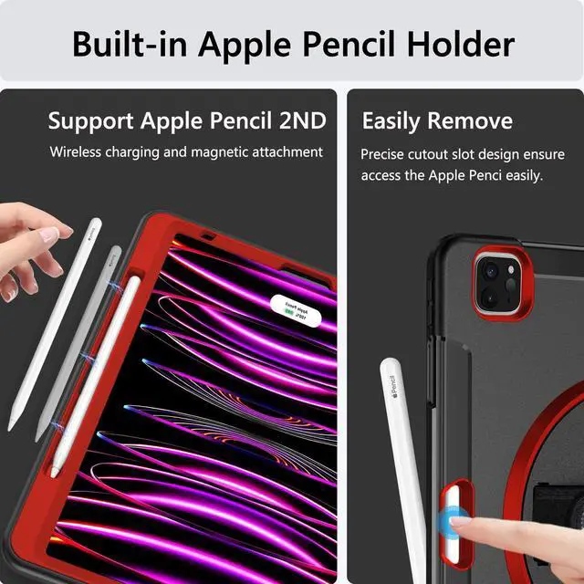 Alt view image 5 of 6 - Military Grade Heavy Duty Shockproof Case for iPad Pro 12.9 Inch 6th/5th/4th Generation with Pencil Holder, Rotating Stand, and Hand Strap - Red