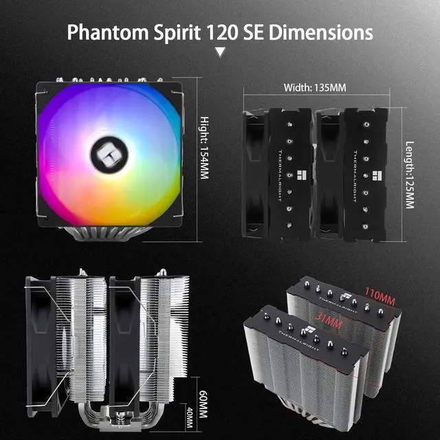 Alt view image 6 of 6 - PS120SE ARGB CPU Air Cooler, 7 Heat Pipes CPU Cooler,Dual 120mm TL-C12B-S V2 PWM Fan, AGHP 4.0 Technology, S-FDB Bearing, for AMD AM4 AM5/Intel 1700/1150/1151/1200/1851, PC Cooler