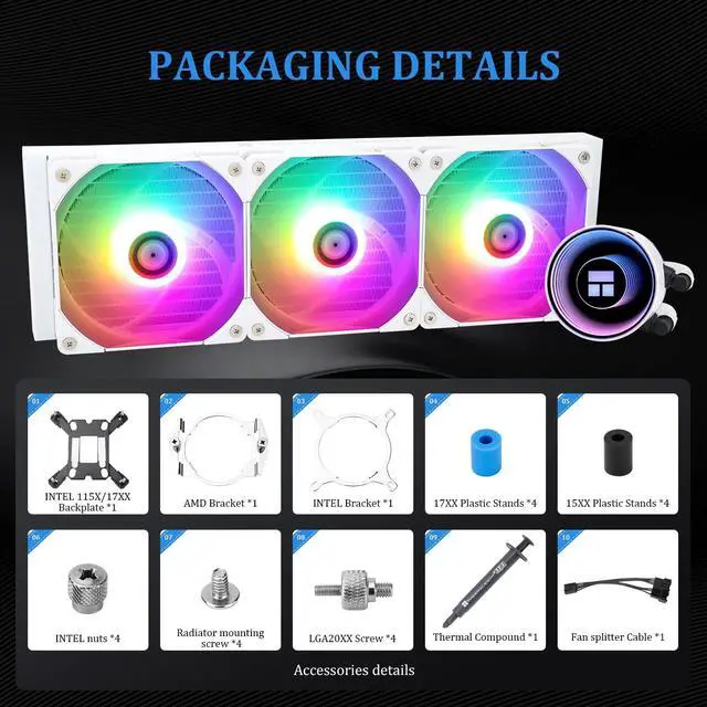 Alt view image 6 of 6 - Thermalright Frozen Notte 360 White ARGB Water Cooling CPU Cooler, 360 White CPU Cooler Specifications, 3×120mm PWM Fans, S-FDB V2 Bearings, Suitable for AMD/AM4, Intel LGA 1700/1150/1151/1200/2011