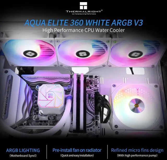 Alt view image 4 of 6 - Aqua Elite 360 White V3 Water Cooling CPU Cooler 3 PWM ARGB Fans with S-FDB Bearings,Efficient PWM Controlled Pump,for AMD/AM4/AM5, Intel LGA1150/1151/1200/2011/1700/1851(AE360 White V3)