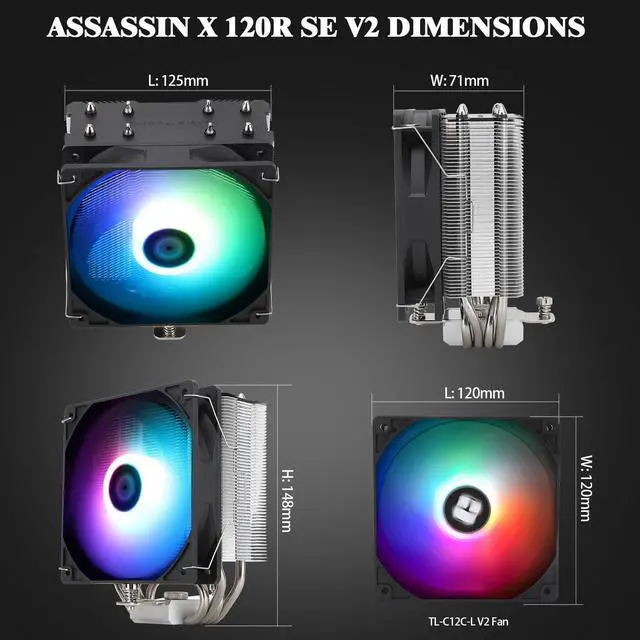 Alt view image 2 of 6 - Assassin X 120R SE V2 CPU Cooler, 4×6mm Heat Pipes, 1550RPM Speed 120mm RGB PWM Quiet Fan CPU Cooler with S-FDB Bearing, for AMD AM4 AM5/Intel 1700/1150/1151/1200/1851