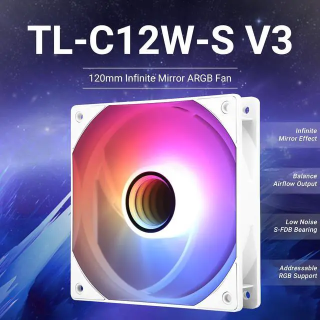 Alt view image 2 of 6 - TL-C12W-S V3 CPU Fan 120mm Case Cooler Fan ARGB, 4pin PWM Connector Silent Computer Fan with S-FDB Bearing,Desktop Cooling Fan has ARGB Mirror Light Effect (TL-C12W-S V3)