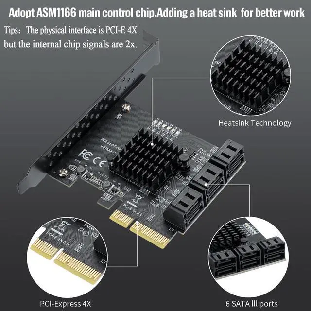 Alt view image 3 of 7 - PCIE 4X to 6 SATA Expansion Card, 6Gbps SATA3.0 Controller Card with LED Monitor Indicator, 6 SATA Cables, SATA 15 PIN 1 to 4 Power Cable for Win10/8/7/ XP/Vista/Lnux-ASM1166