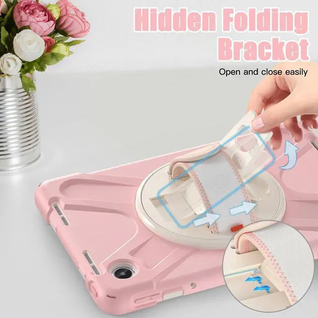 Alt view image 5 of 7 - Case for  Tab M11 2024 (TB-330FU/330XU) 11", Durable Shockproof Protective Cover with 360° Rotating Stand - Hand Strap - Shoulder Strap,Pink