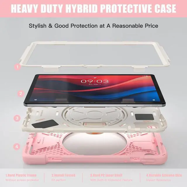 Alt view image 4 of 7 - Case for  Tab M11 2024 (TB-330FU/330XU) 11", Durable Shockproof Protective Cover with 360° Rotating Stand - Hand Strap - Shoulder Strap,Pink