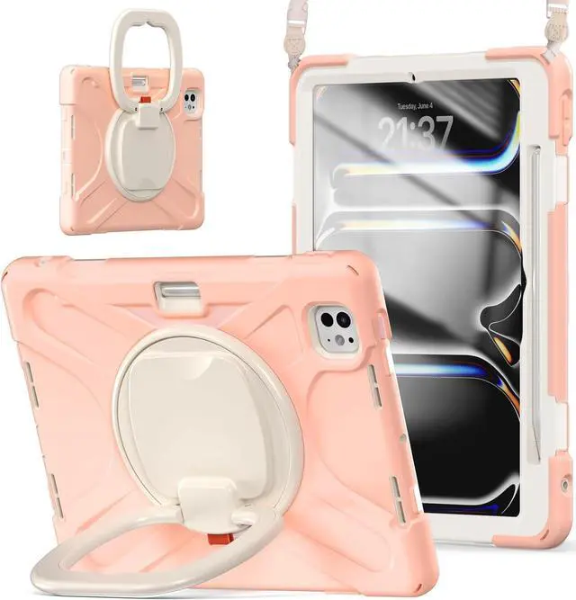 Main image of Case for iPad Pro 11 inch (M4) Case 2024 5th Generation, Shockproof Protective Case with Pencil Holder Screen Protector, 360° Rotate Stand Kids Girls Case with Adjustable Shoulder Strap, Gold