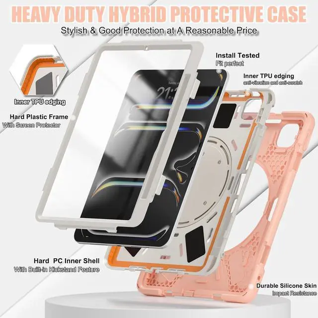 Alt view image 3 of 7 - Case for iPad Pro 11 inch (M4) Case 2024 5th Generation, Shockproof Protective Case with Pencil Holder Screen Protector, 360° Rotate Stand Kids Girls Case with Adjustable Shoulder Strap, Gold