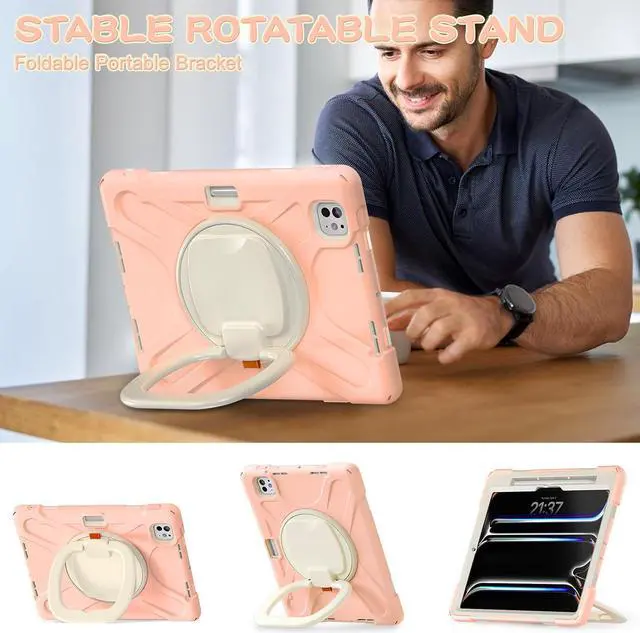 Alt view image 4 of 7 - Case for iPad Pro 11 inch (M4) Case 2024 5th Generation, Shockproof Protective Case with Pencil Holder Screen Protector, 360° Rotate Stand Kids Girls Case with Adjustable Shoulder Strap, Gold