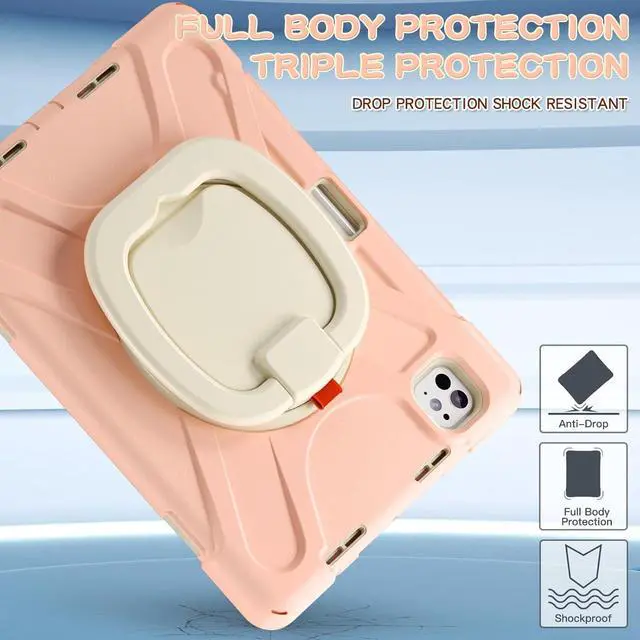 Alt view image 7 of 7 - Case for iPad Pro 11 inch (M4) Case 2024 5th Generation, Shockproof Protective Case with Pencil Holder Screen Protector, 360° Rotate Stand Kids Girls Case with Adjustable Shoulder Strap, Gold