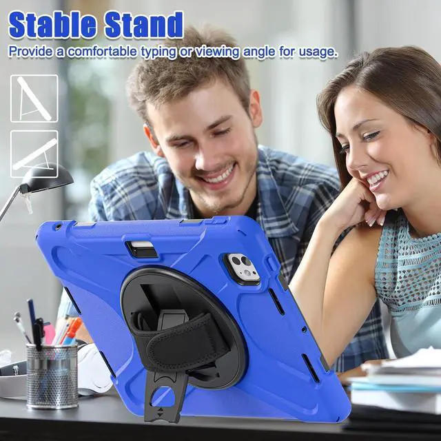 Alt view image 4 of 7 - Case for iPad Pro 11 Inch 2024 (5th Gen) with Screen Protector, Heavy Duty Rugged Proective Case Cover with Shoulder Strap/Pencil Holder/Handle/Rotating Stand, Blue