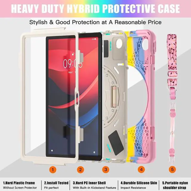 Alt view image 3 of 7 - Case for Tab M11 Tablet 11" 2024 TB-330FU for Kids Girls, Full Body Drop Proof Protection Case Cover with 360° Rotate Stand &Hand Strap Shoulder Strap | Colorful Pink