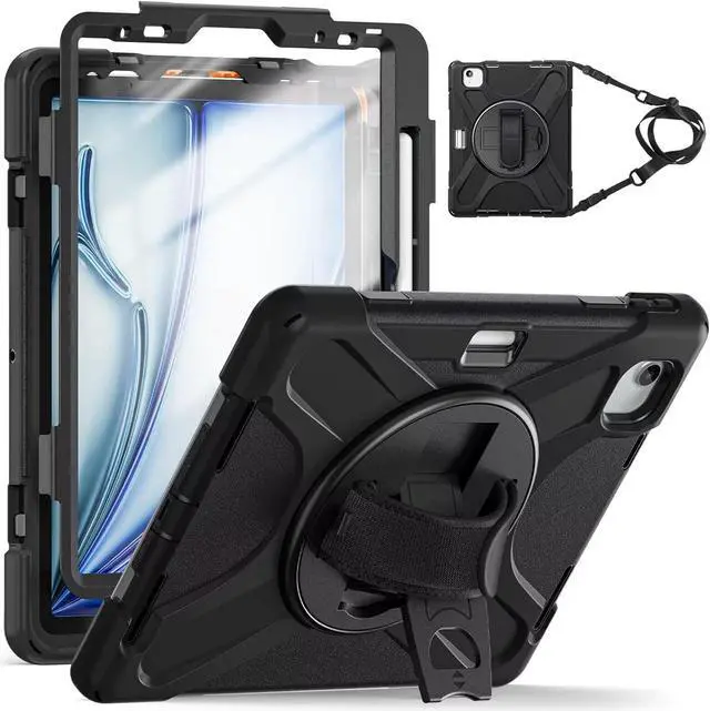 Main image of for iPad Air 11 Inch Case M2 2024 6th Generation w/Screen Protector, iPad Air 5th/4th Gen Case 10.9", iPad Pro 11" Old Model, Full Body Protection Case w/Pencil Holder+Stand+Strap, Black