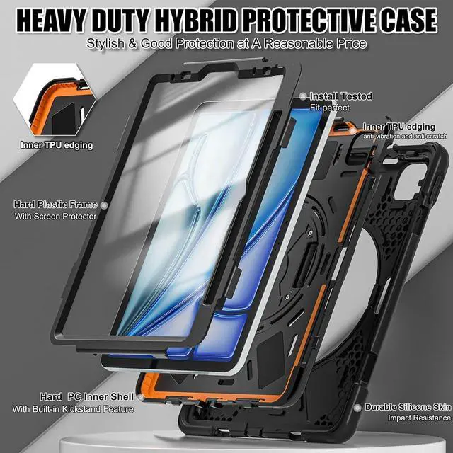 Alt view image 3 of 7 - for iPad Air 11 Inch Case M2 2024 6th Generation w/Screen Protector, iPad Air 5th/4th Gen Case 10.9", iPad Pro 11" Old Model, Full Body Protection Case w/Pencil Holder+Stand+Strap, Black