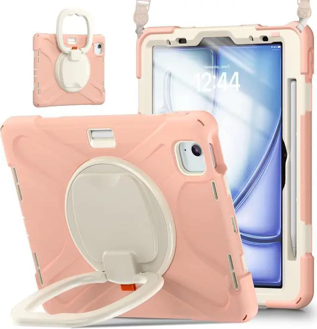 Main image of Case for iPad Air 11 Inch M2 2024 (6th Gen), iPad Air 4th/5th Generation Case 10.9 Inch with Built-in Screen Protector, 360° Rotating Handle Grip, Pencil Holder, Adjustable Shoulder Strap, Gold