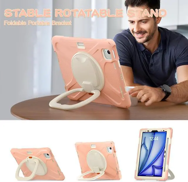 Alt view image 3 of 7 - Case for iPad Air 11 Inch M2 2024 (6th Gen), iPad Air 4th/5th Generation Case 10.9 Inch with Built-in Screen Protector, 360° Rotating Handle Grip, Pencil Holder, Adjustable Shoulder Strap, Gold