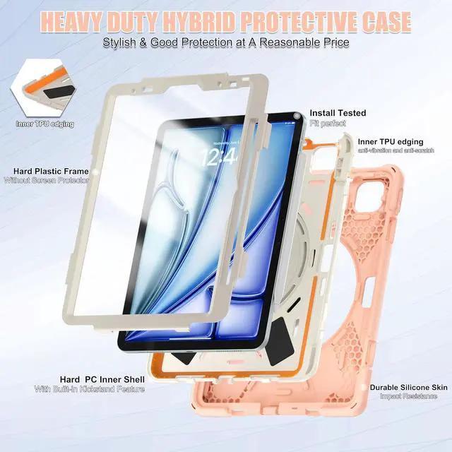 Alt view image 4 of 7 - Case for iPad Air 11 Inch M2 2024 (6th Gen), iPad Air 4th/5th Generation Case 10.9 Inch with Built-in Screen Protector, 360° Rotating Handle Grip, Pencil Holder, Adjustable Shoulder Strap, Gold