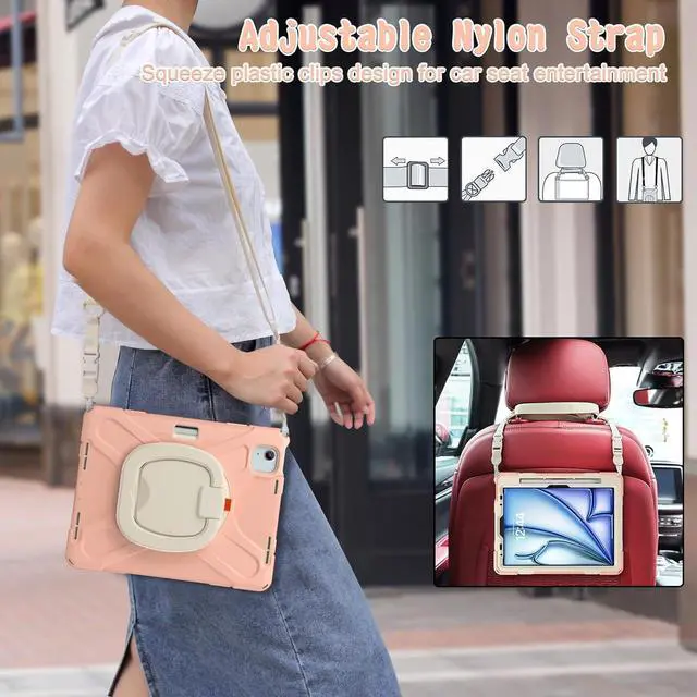 Alt view image 6 of 7 - Case for iPad Air 11 Inch M2 2024 (6th Gen), iPad Air 4th/5th Generation Case 10.9 Inch with Built-in Screen Protector, 360° Rotating Handle Grip, Pencil Holder, Adjustable Shoulder Strap, Gold